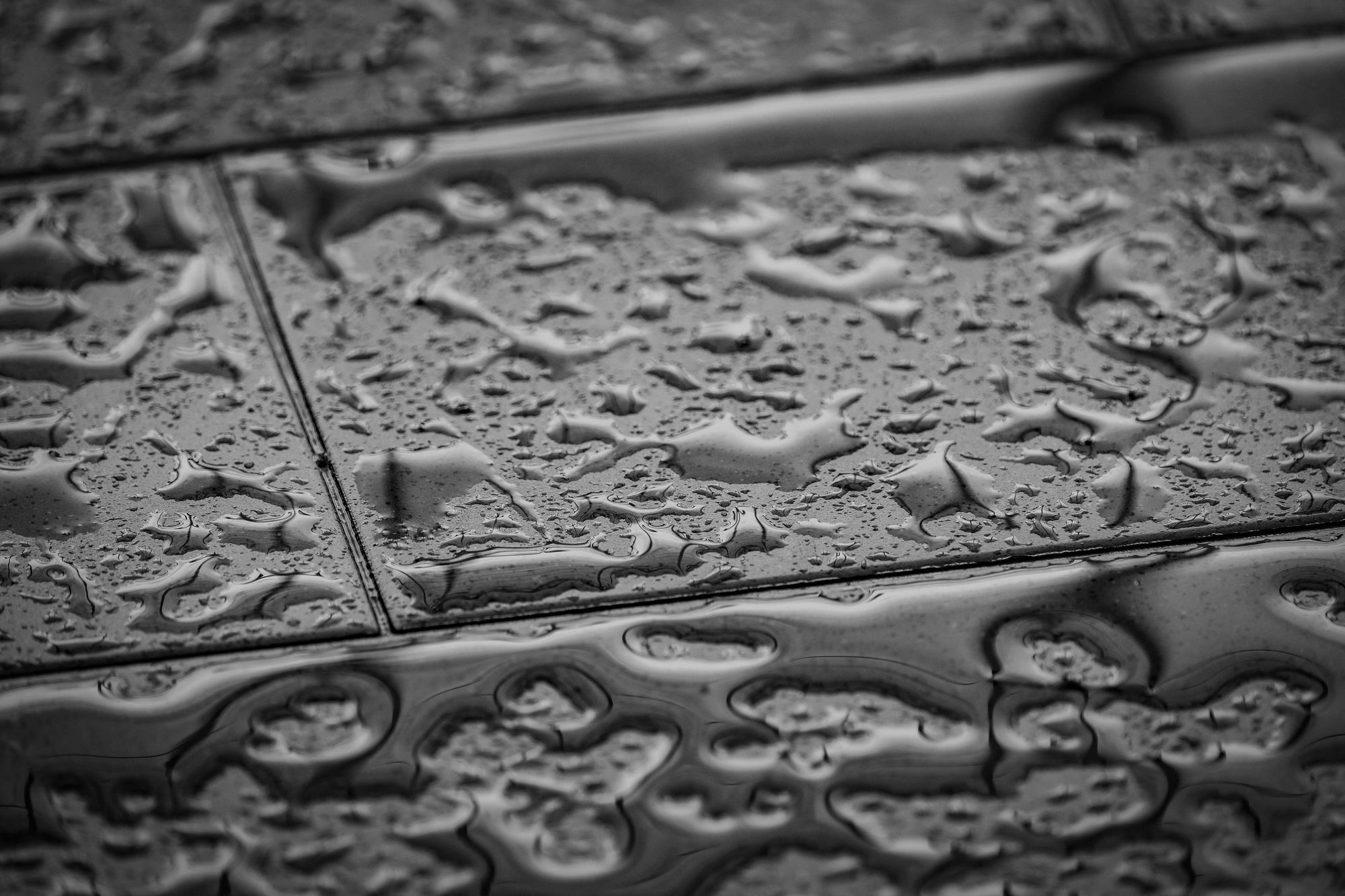 Poças e gotas de água sobre mosaicos de pavimento, em grande plano e a preto e branco